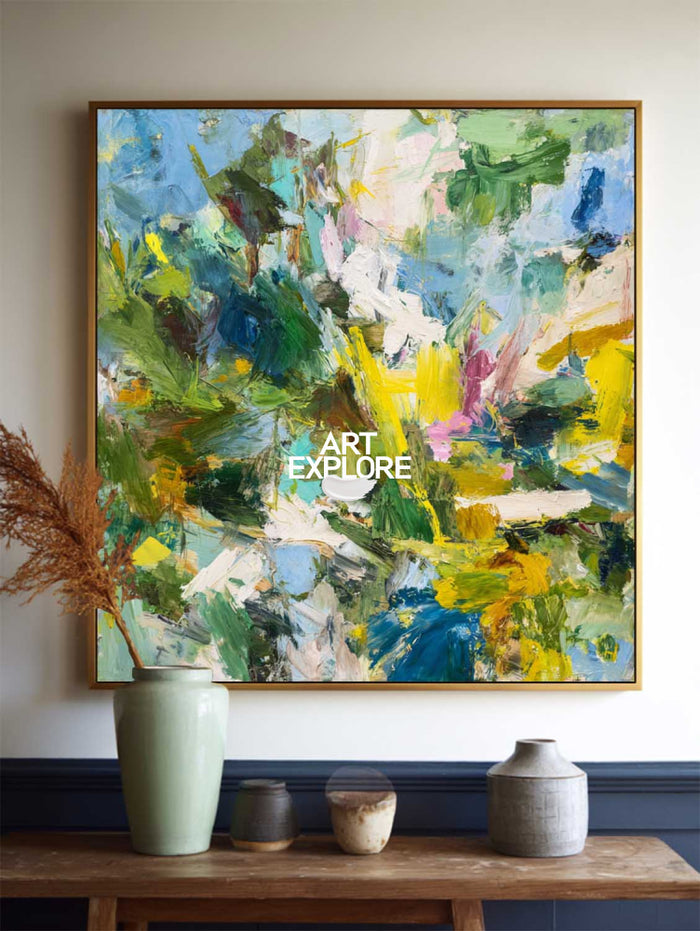 Vibrant Green Abstract Oil Painting With Impressionist Flair For Modern Home Decor