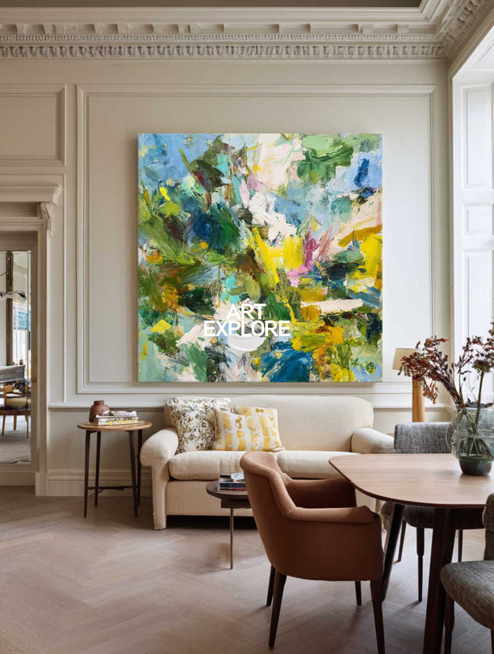 Vibrant Green Abstract Oil Painting With Impressionist Flair For Modern Home Decor