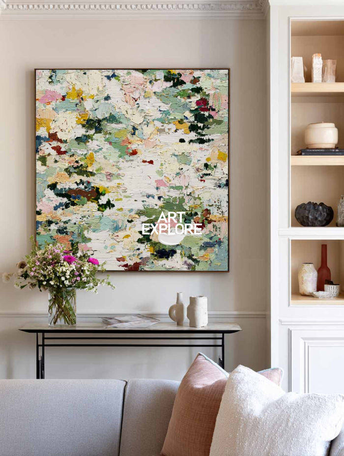 Large Abstract Green Painting With Textured Impasto For Modern Home Decor
