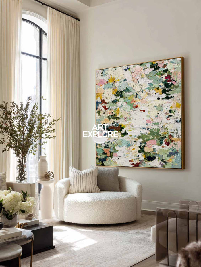 Large Abstract Green Painting With Textured Impasto For Modern Home Decor