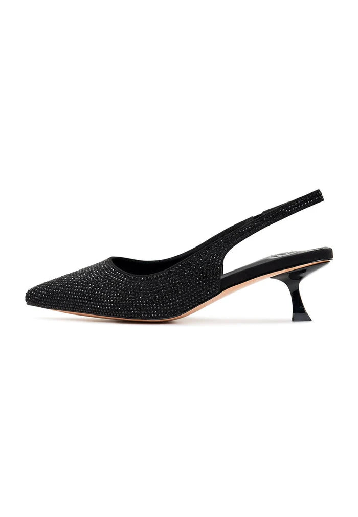A chic pair of black stiletto pumps, perfect for elevating any outfit with their sleek high-heeled style.