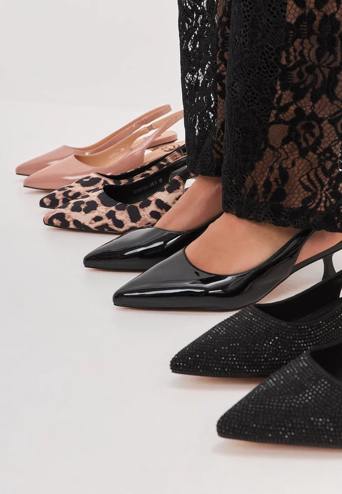 A stylish pair of black stiletto pumps, perfect high-heeled shoes for women's elegant outfits.