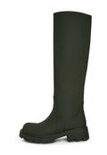 A pair of trendy knee-high green boots with a chunky sole, perfect for women's fashion footwear.