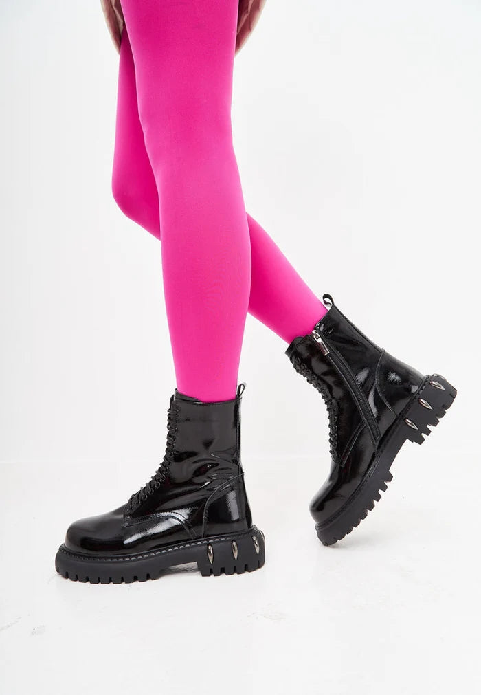 A pair of stylish black lace-up combat boots with chunky soles, perfect for adding an edgy touch to any outfit.