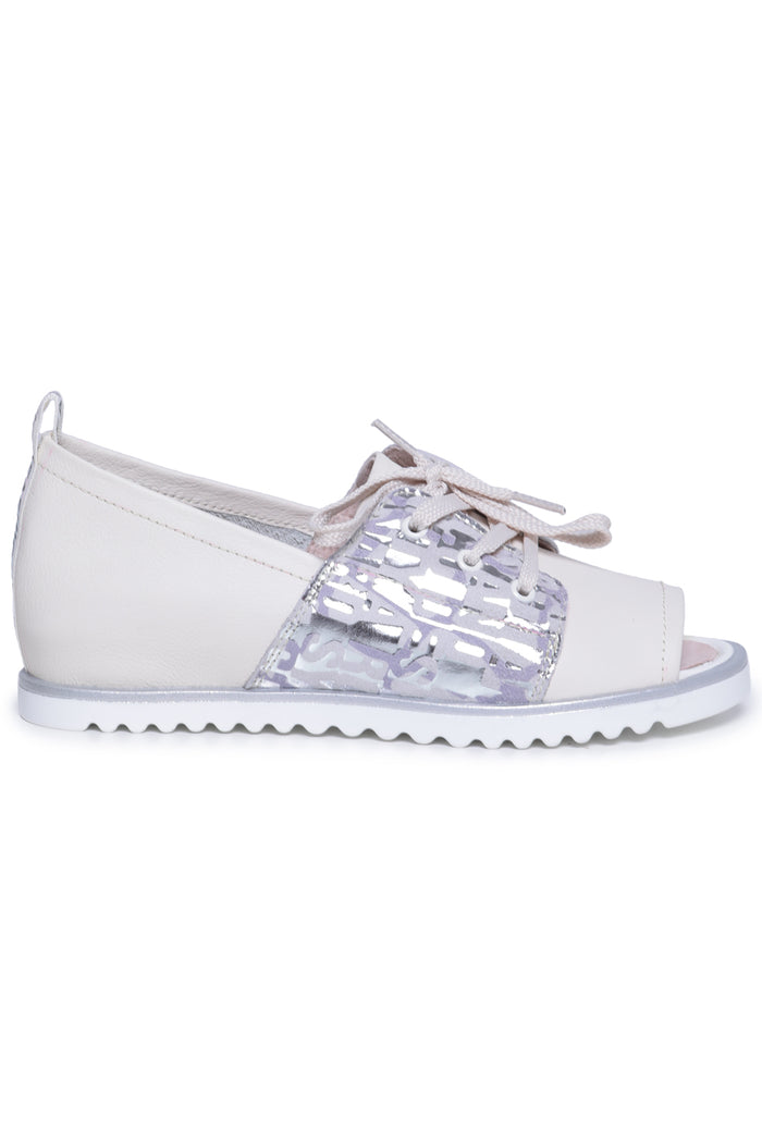 Lace-Up Leather Open-Toe Flats – Light Grey