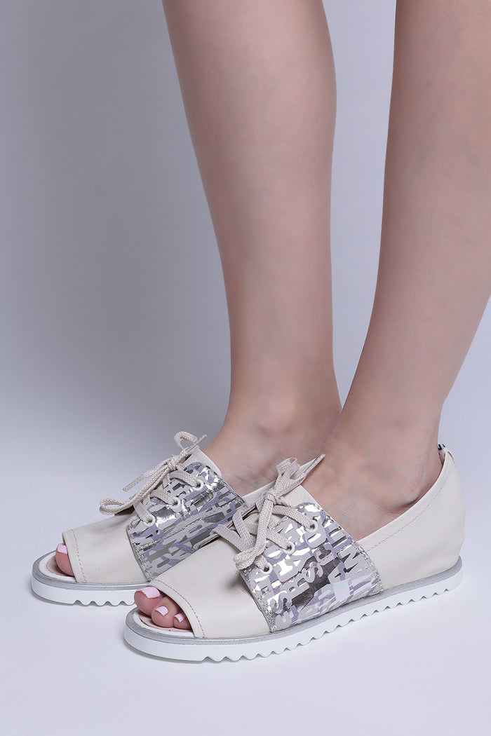 Lace-Up Leather Open-Toe Flats – Light Grey