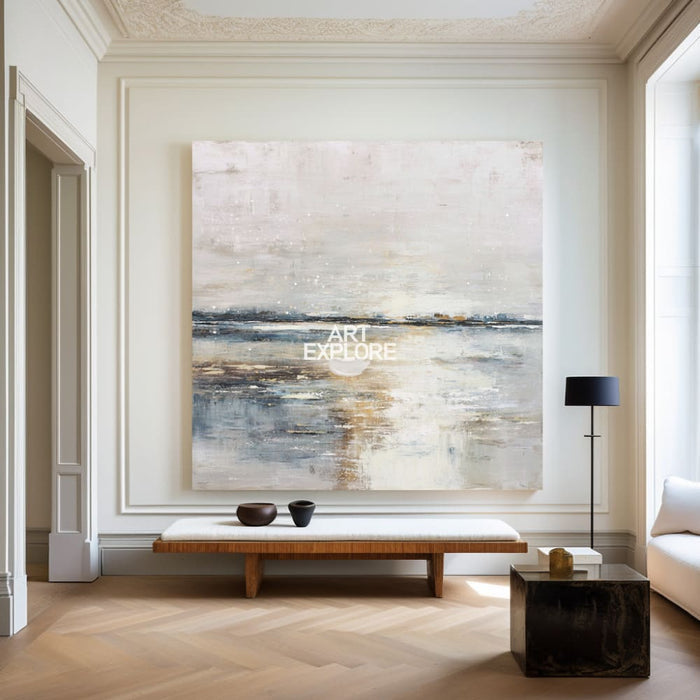 White & Blue Abstract Lake Painting | Minimalist Textured Canvas ArtExplore
