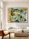 Abstract Green Landscape Canvas Painting Hand-Painted Wall Art With Blue And Beige Tones