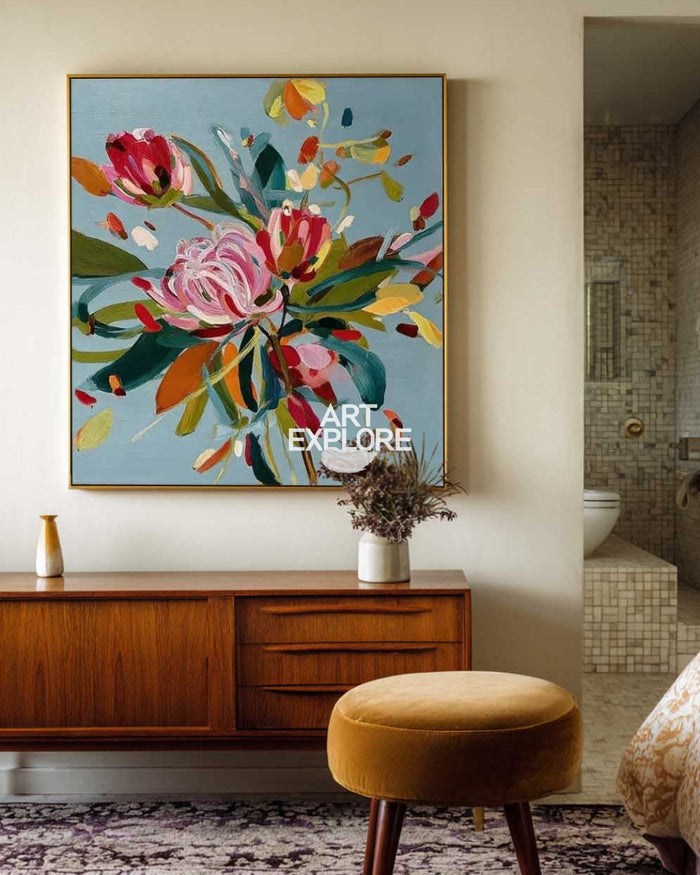 Handmade Impasto Blue Floral Art Large Square Colorful Canvas Painting - ArtExplore