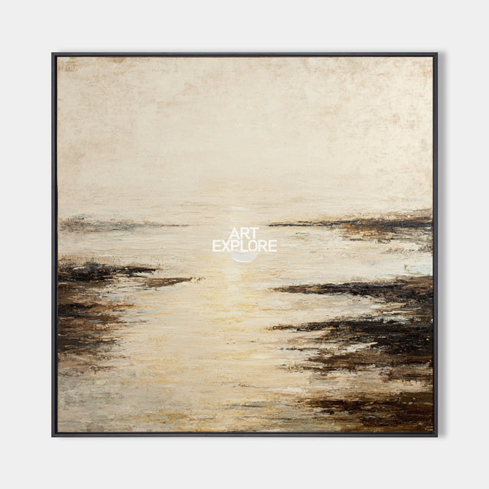 Large Wabi-Sabi Beige Lake View Art, Minimalist Handmade Oil Painting by Wei Pen
