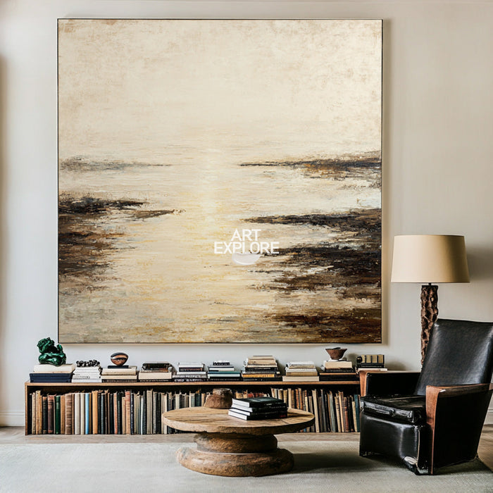 Minimalist Beige Lake Landscape Art, Large Square Wabi-Sabi Oil on Canvas ArtExplore