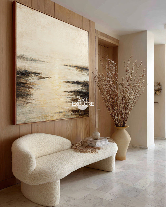 Large Square Beige Lake View Art, Handmade Minimalist Wabi-Sabi Landscape ArtExplore