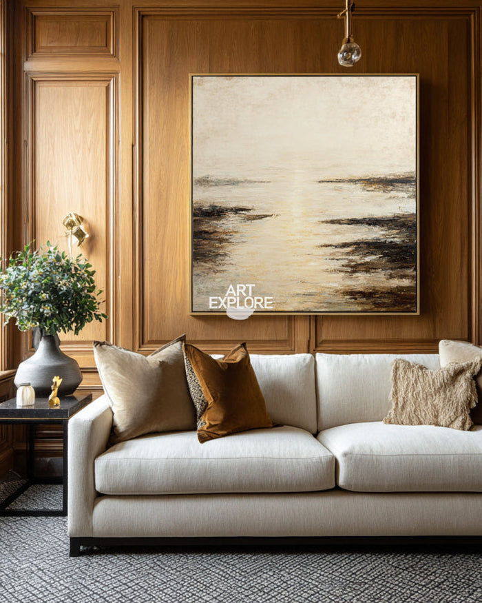 Handmade Wabi-Sabi Beige Lake View Art, Large Square Minimalist Oil on Canvas ArtExplore