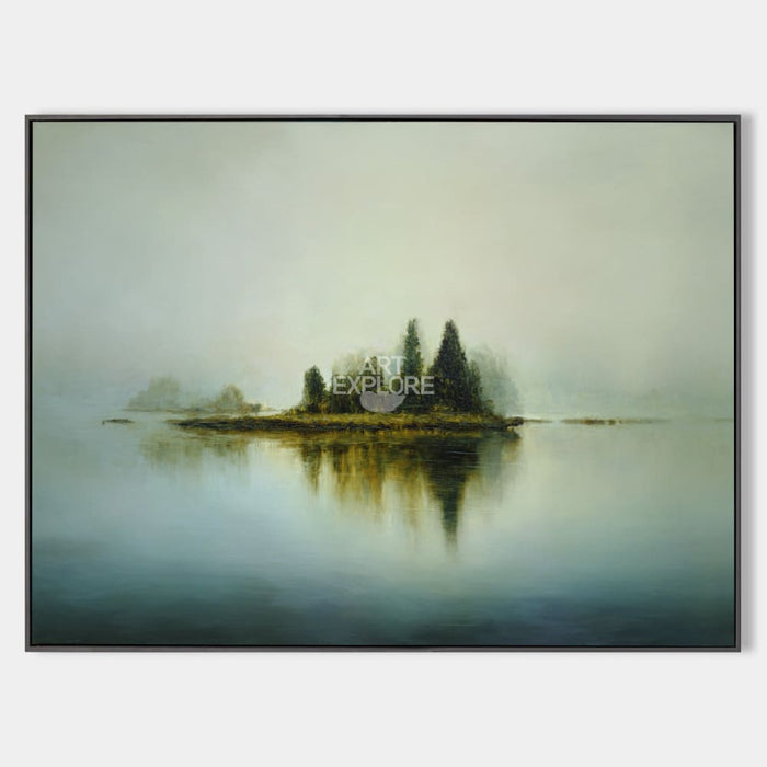 Modern Blue Lake Reflection Painting | Large Minimalist Landscape Art For Livingroom | ArtExplore