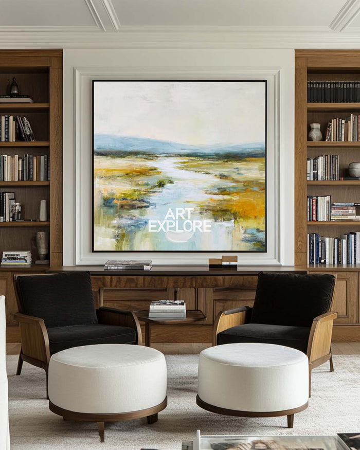 Modern Large Blue River Landscape Wall Art Handmade Textured Oil Painting | ArtExplore