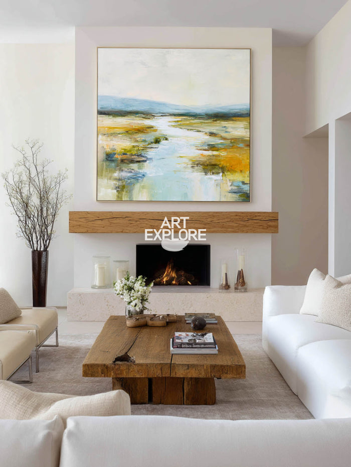 Serene Blue River Landscape Art Large Square Textured Handmade Oil | ArtExplore