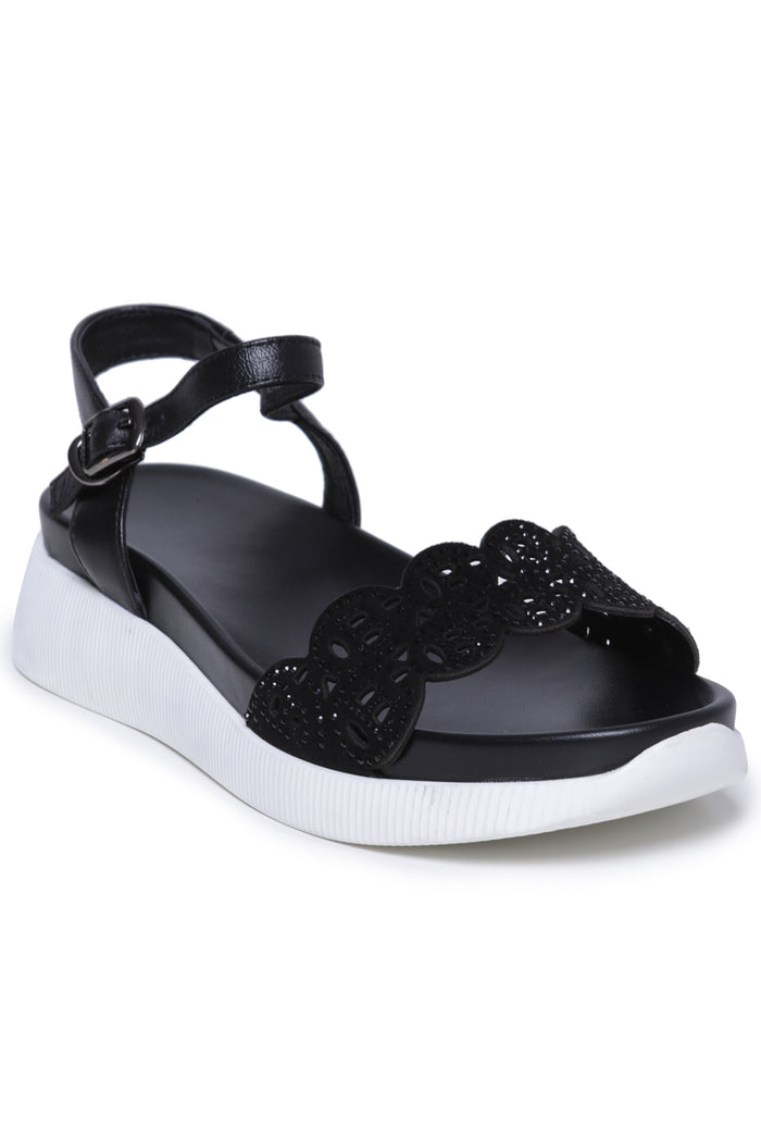 Laser-Cut Platform Sandals – Black