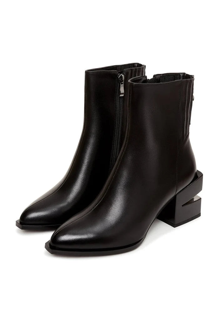 A stylish pair of black leather ankle boots with a block heel, perfect for women looking for chic and sophisticated heeled ankle boots.