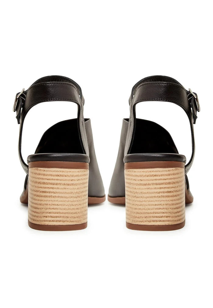 A stylish pair of black leather block heel sandals perfect for any occasion.