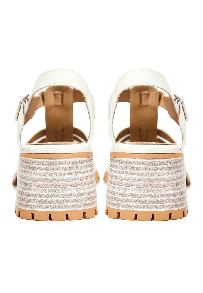 Leather Block Heels Sandals - Beige