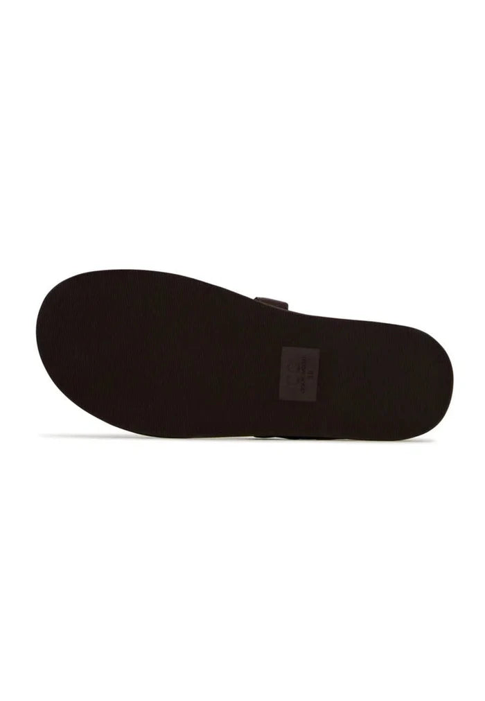 A stylish pair of dark brown leather women's comfort velcro sandals with a convenient velcro closure design.
