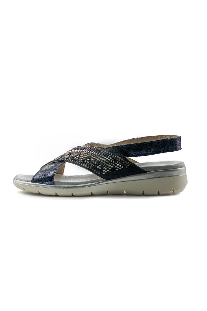 Leather Embellished Comfort Sandals – Navy