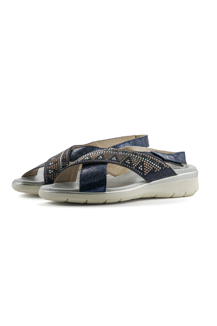 Leather Embellished Comfort Sandals – Navy