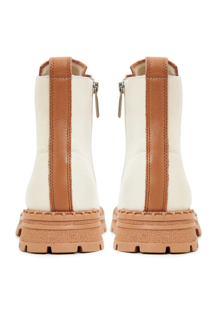 A stylish pair of off-white leather ankle lace-up boots, perfect for any fashion-forward woman's footwear collection.