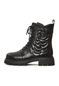 A stylish pair of black leather platform ankle boots for women, featuring a high heel and a fashionable design.