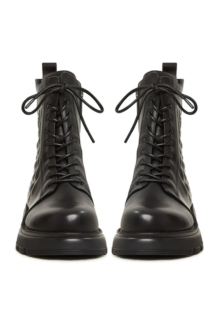 A stylish pair of black leather platform ankle boots, perfect for any woman looking for fashionable high heel ankle boots.