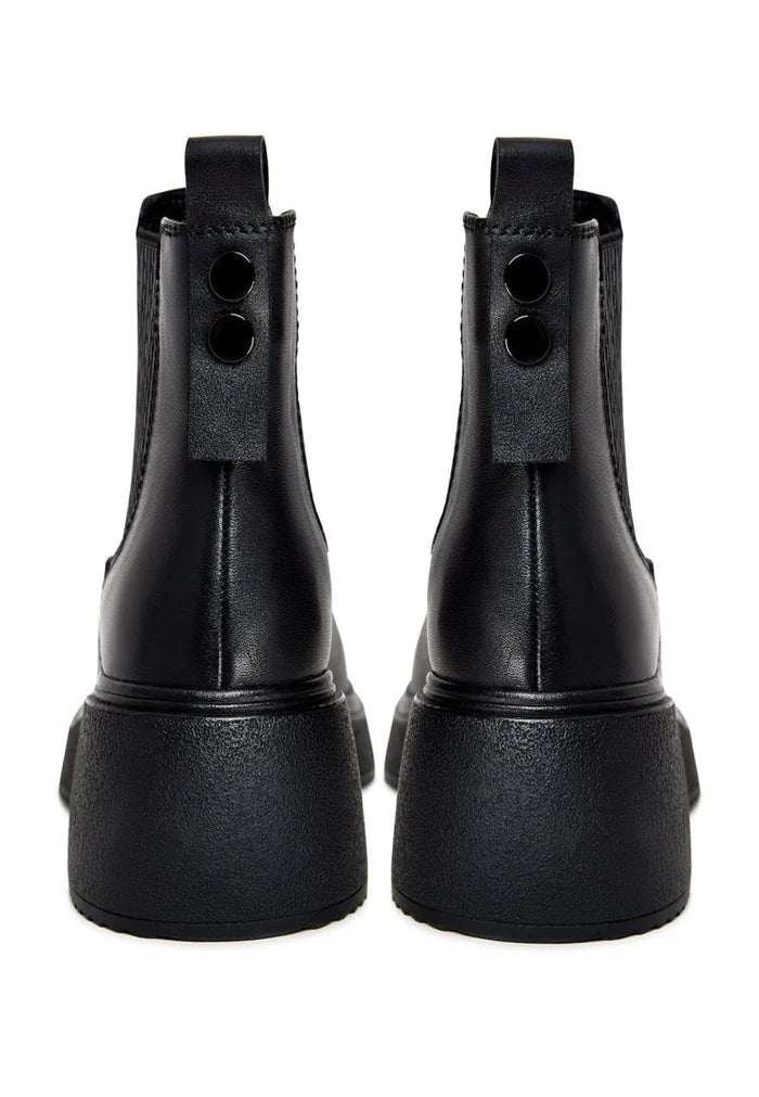 A stylish pair of black leather platform ankle boots for women, featuring high heels and a fashionable design.
