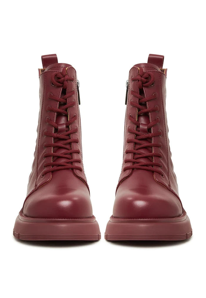 A stylish pair of women's high heel leather platform ankle boots in Bordeaux, perfect for fashionable footwear enthusiasts.