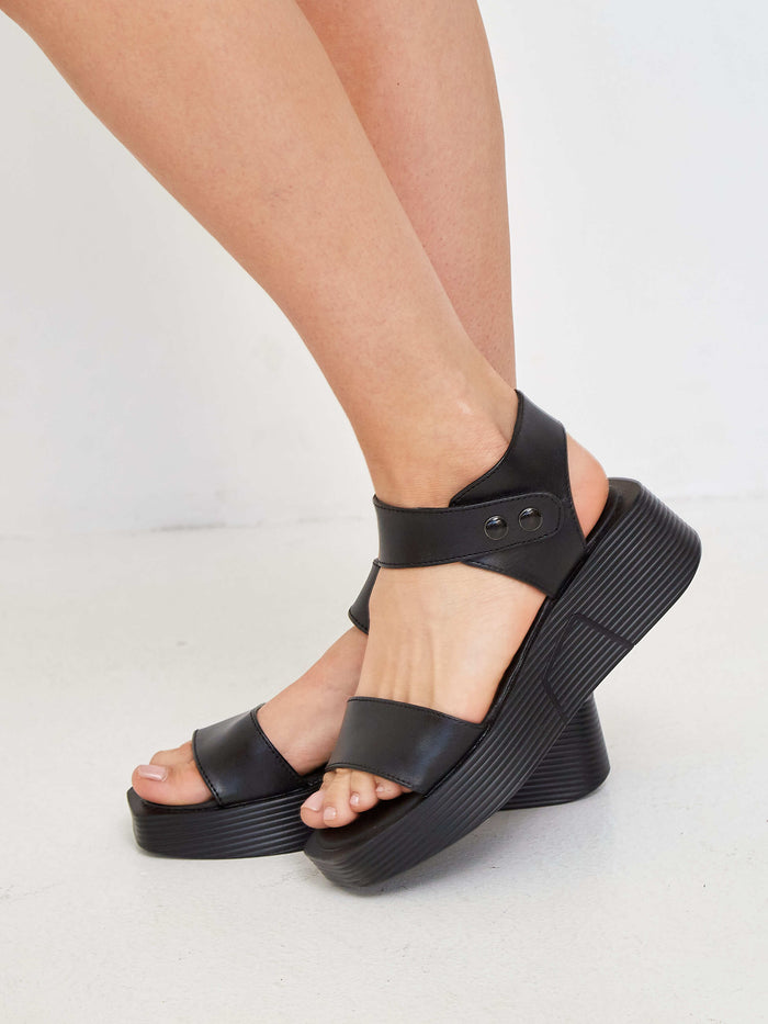 Leather Platform Sandals - Black