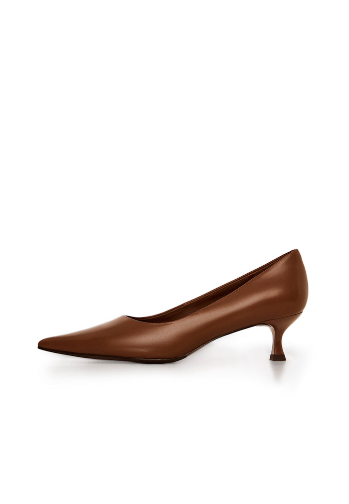 Leather Pointed Kitten Heels - Brown