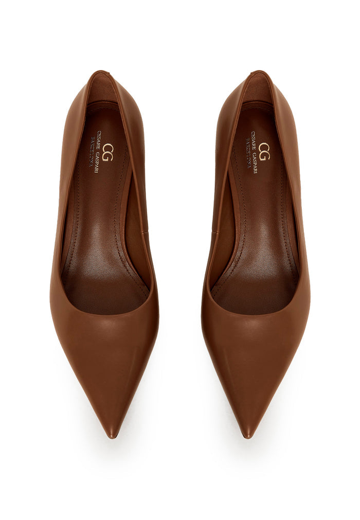 Leather Pointed Kitten Heels - Brown