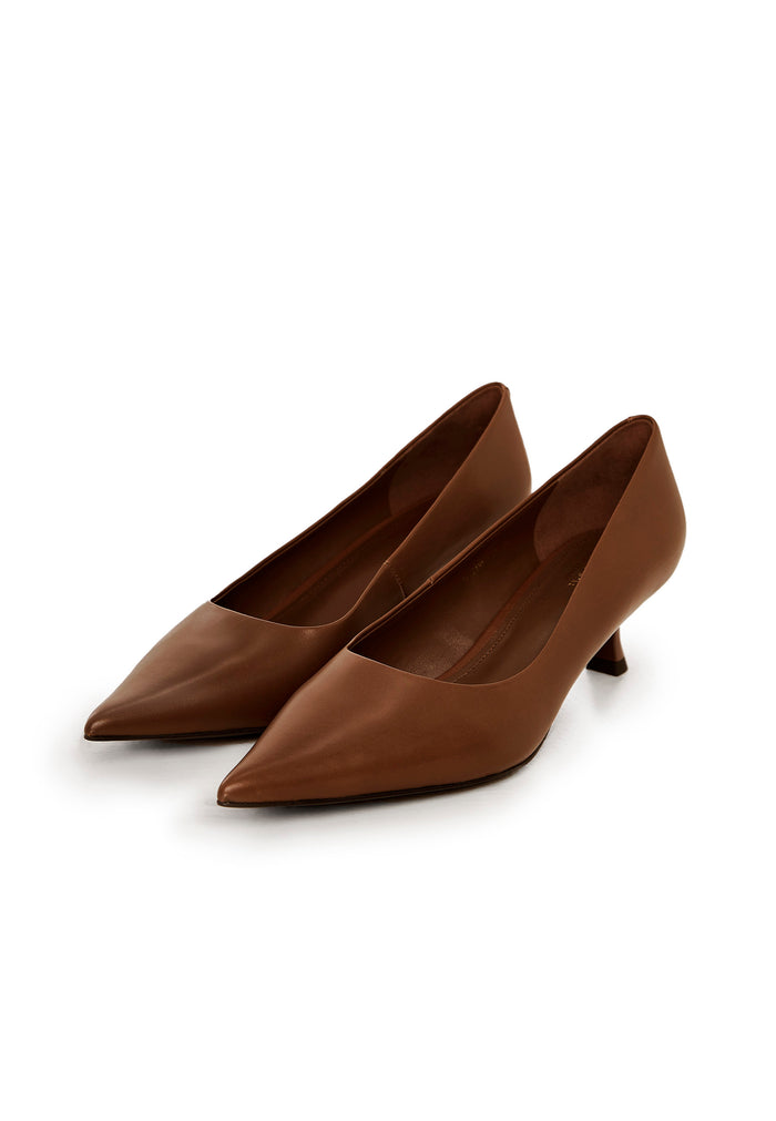 Leather Pointed Kitten Heels - Brown