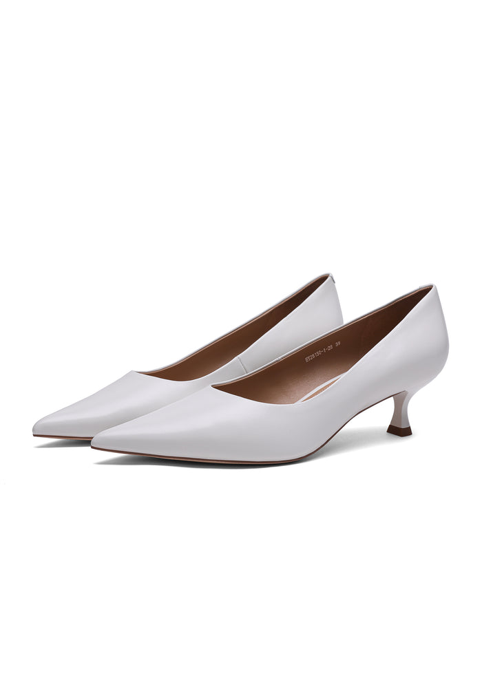 Leather Pointed Kitten Heels - White