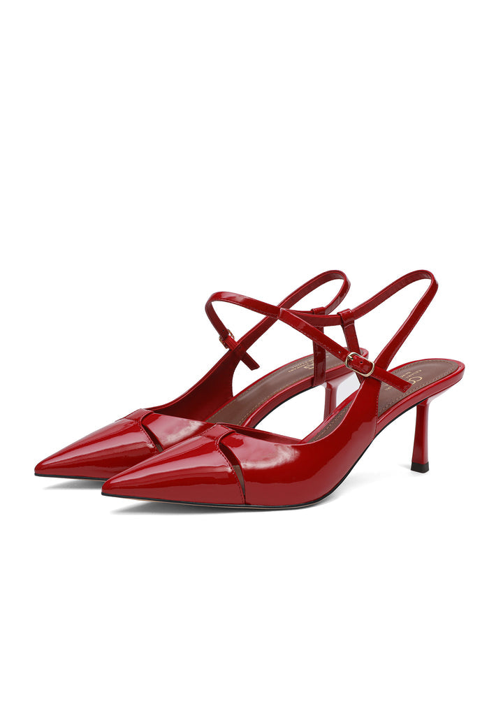 Leather Pointed Slingback Heels - Red
