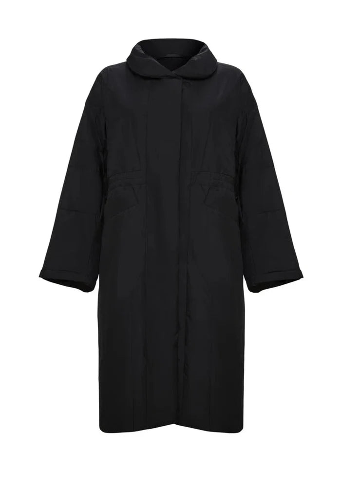 A fashionable black quilted coat for women, ideal for winter outerwear, featuring a long design that is stylish and warm.