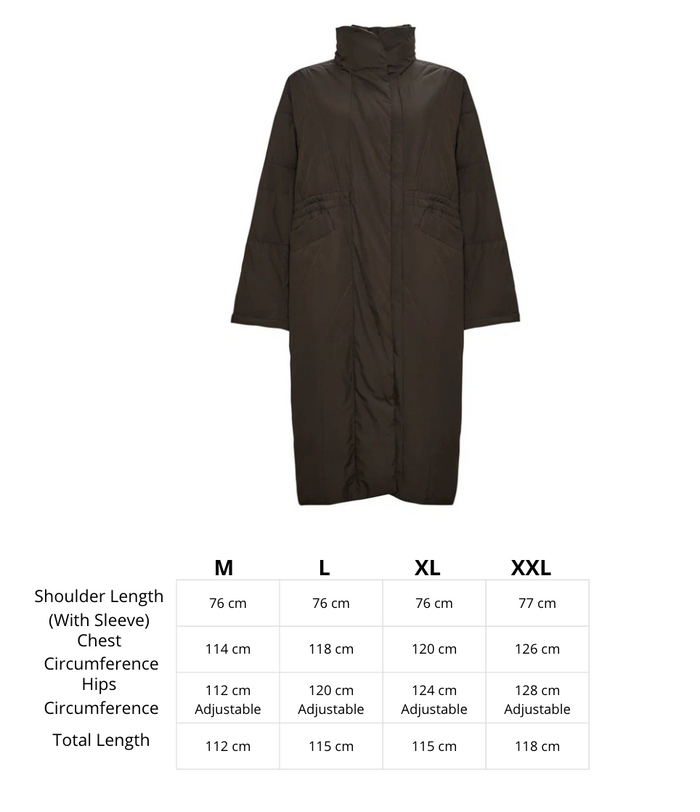 A fashionable long quilted coat in brown, the perfect women's outerwear for winter.