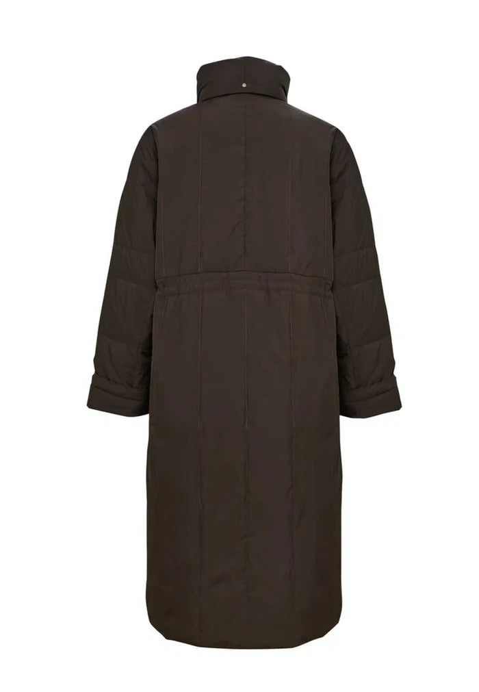 A fashionable long quilted puffer coat in brown, ideal for women's winter outerwear.