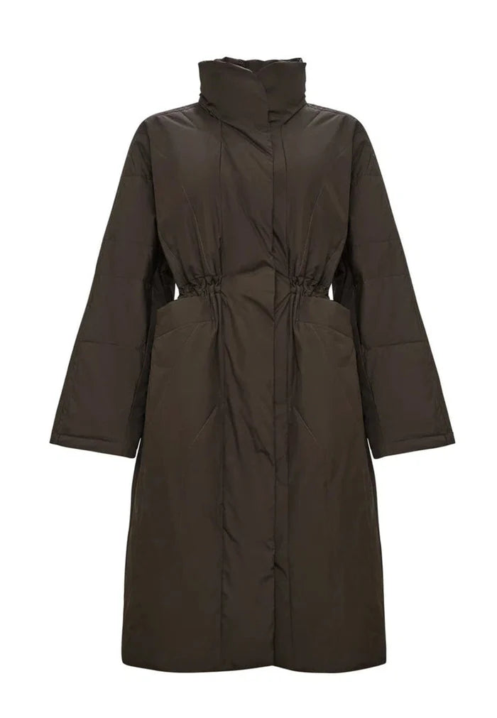 A fashionable long brown quilted puffer coat for women, perfect for winter outerwear.