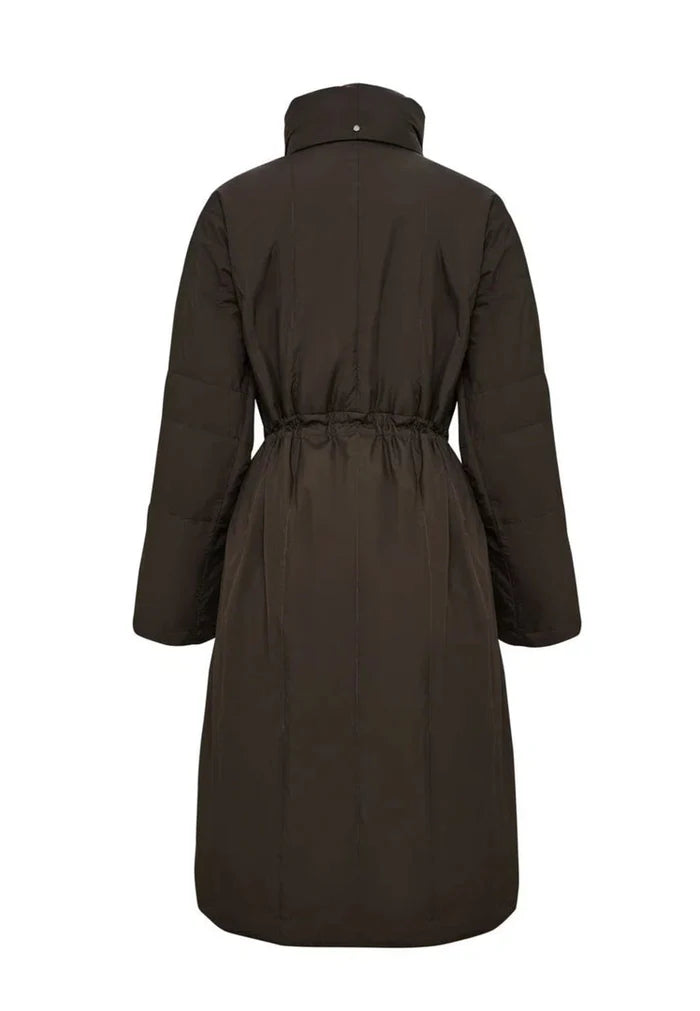 A fashionable long quilted brown winter jacket for women, a stylish puffer coat in brown for women's quilted outerwear.