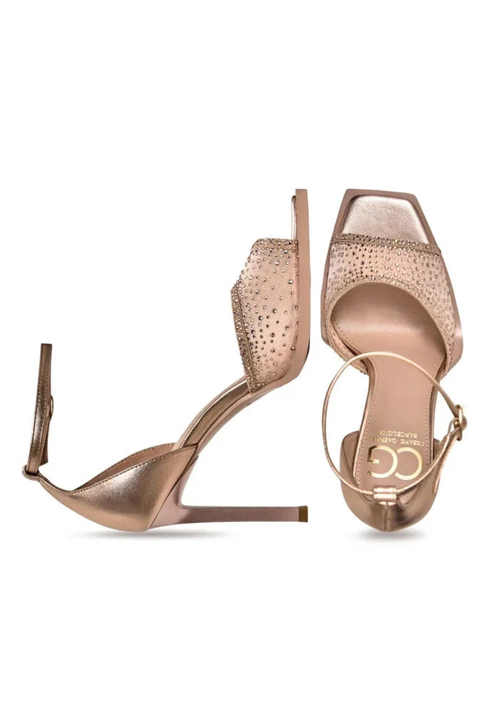 Luxe Crystal Ankle-Strap Heels - Beige