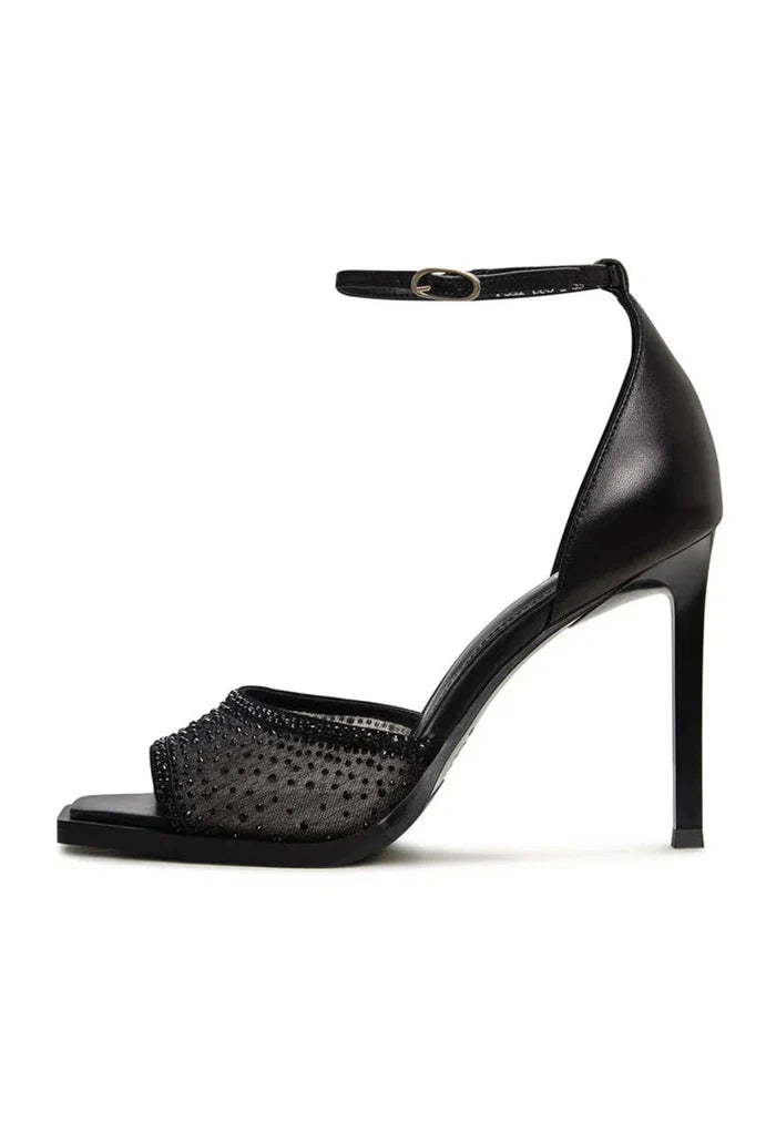A pair of luxurious black crystal ankle-strap heels, perfect for an elegant look.