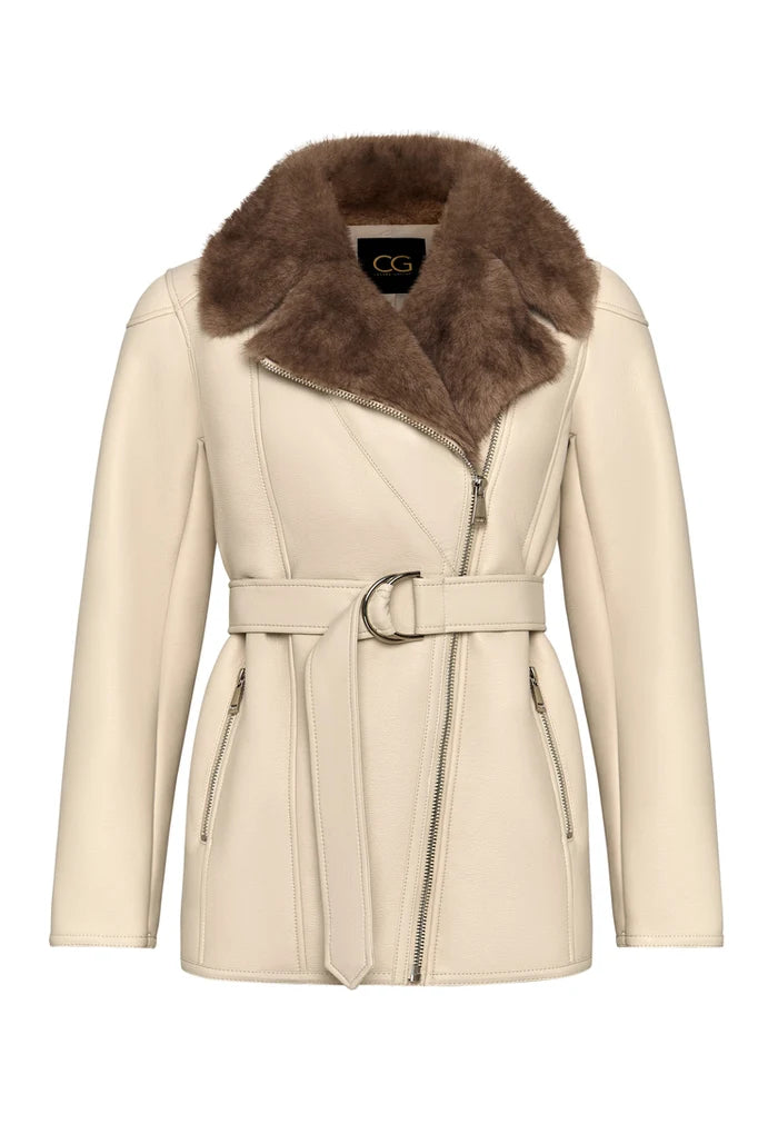 Luxurious Women’s Shearling-Lined Beige Coat with Belt