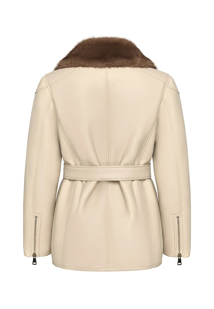 Luxurious Women’s Shearling-Lined Beige Coat with Belt