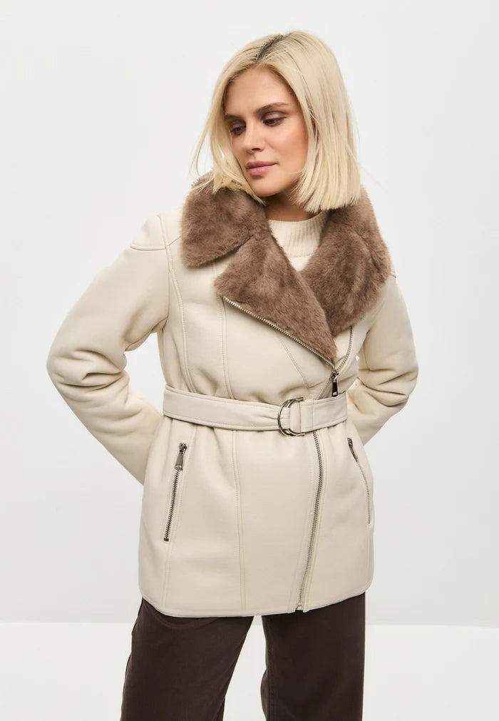 Luxurious Women’s Shearling-Lined Beige Coat with Belt