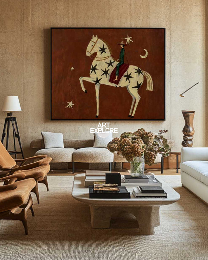 Folk Art Horse Painting With Stars And Moon For Living Room Decor