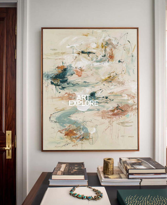 Large Abstract Expressionist Painting In Beige And Green For Modern Home Decor